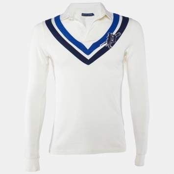 Pre Owned Ralph Lauren White Chevron Stripe Cotton Rugby Polo T-Shirt M