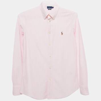 Pre Owned Ralph Lauren Pink Striped Cotton Knit Oxford Button Down Shirt M