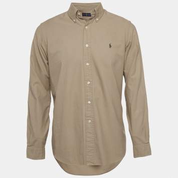 Pre Owned Ralph Lauren Khaki Green Cotton Button Down Collar Shirt M