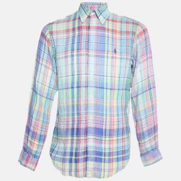 Pre Owned Ralph Lauren Multicolor Madras Check Linen Button Down Shirt M