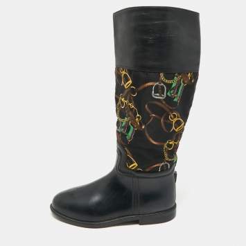 Pre Owned Ralph Lauren Black Rubber and Satin Chain Print Rain Boots Size 43.5  