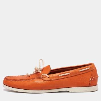 Pre Owned Ralph Lauren Orange Leather Bow Boat Loafers Size 44.5