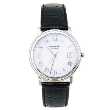 Pre Owned Raymond Weil White Stainless Steel Leather Tradition 5575/1 Men's Wristwatch 35 mm