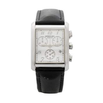 Pre Owned Raymond Weil White Stainless Steel Leather 4873 Men's Wristwatch 29 mm