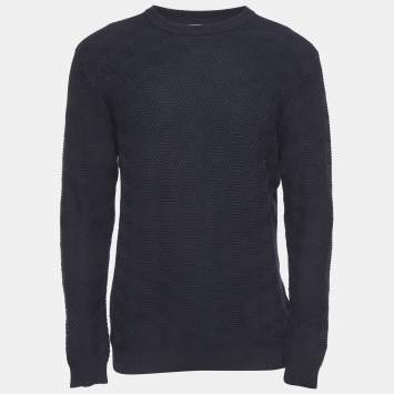 Pre Owned Reiss Navy Blue Textured Knit Crewneck Sweater L