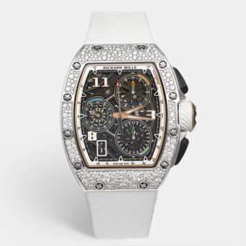 Pre Owned Richard Mille RM72-01 "Snow Leopard" Skeletonized Dial 18k White Gold Rubber Diamond Men's Wristwatch 38.40 mm
