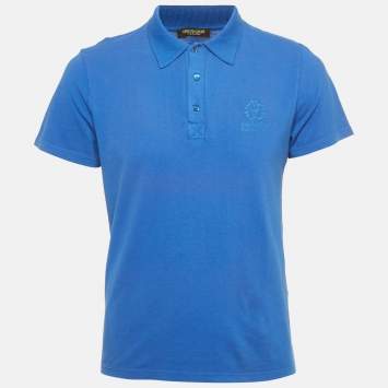 Pre Owned Roberto Cavalli Beachwear Blue Logo Embroidered Cotton Polo T-Shirt M 