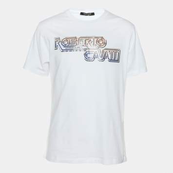 Pre Owned Robert Cavalli White Jersey Logo Print T-Shirt M