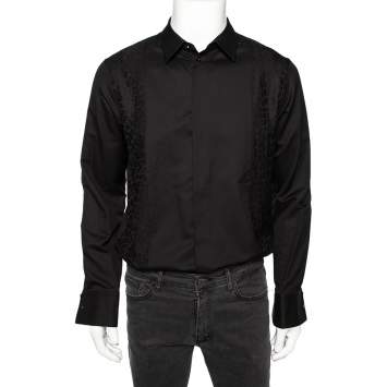 Pre Owned Roberto Cavalli Black Cotton Animal Patterned Trim Concealed Placket Shirt M