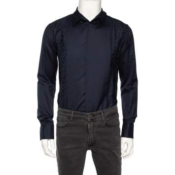 Pre Owned Roberto Cavalli Navy Blue Cotton Animal Patterned Trim Concealed Placket Shirt M 