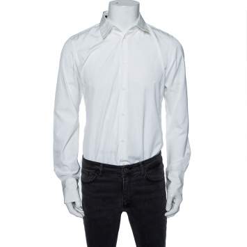Pre Owned Roberto Cavalli White Cotton Monogram Button Front Shirt M 