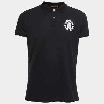 Pre Owned Roberto Cavalli Black Logo Embroidered Cotton Pique Polo T-Shirt L