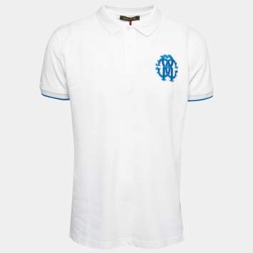 Pre Owned Roberto Cavalli White Logo Embroidered Cotton Pique Polo T-Shirt XL