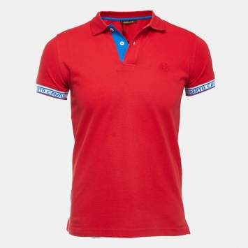 Pre Owned Roberto Cavalli Red Logo Patterned Cotton Pique Polo T-Shirt S