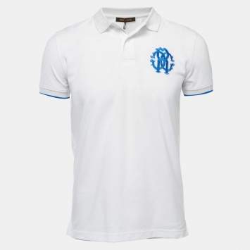 Pre Owned Roberto Cavalli White Logo Embroidered Cotton Polo T-Shirt M