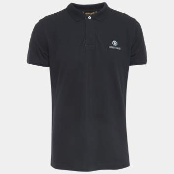 Pre Owned Roberto Cavalli Black Logo Embroidered Cotton Polo T-Shirt XL