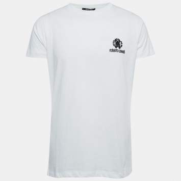 Pre Owned Roberto Cavalli White Logo Embroidered Cotton Crew Neck T-Shirt XL