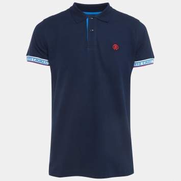 Pre Owned Roberto Cavalli Navy Blue Logo Detailed Sleeve Polo T-Shirt L