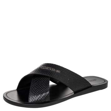 مملوكة مسبقًا Roberto Cavalli Black Snake-Embossed Leather Crossband Slides Sandals Size 46
