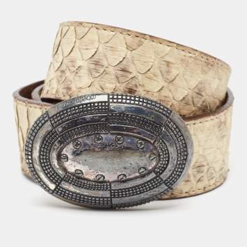 Pre Owned Roberto Cavalli Cream Python Oval Buckle Belt