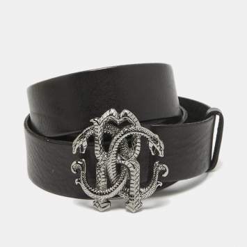 Pre Owned Roberto Cavalli Black Leather RC Logo Buckle Belt 115CM