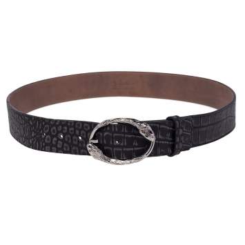 Pre Owned Roberto Cavalli Black/Grey Croc Embossed Leather Snake Detail Belt Buckle Belt