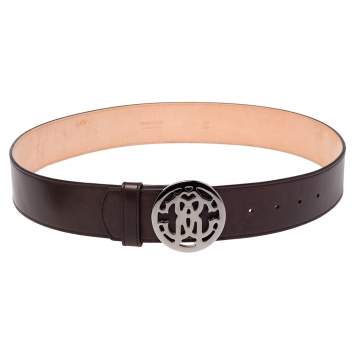Pre Owned Roberto Cavalli Brown Leather Logo Buckle Belt 90CM