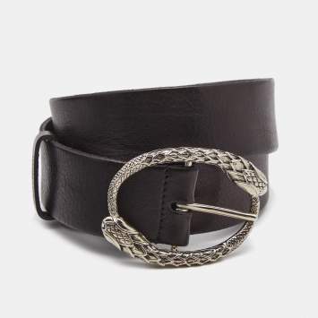 Pre Owned Roberto Cavalli Black Leather Snake Buckle Belt 95CM
