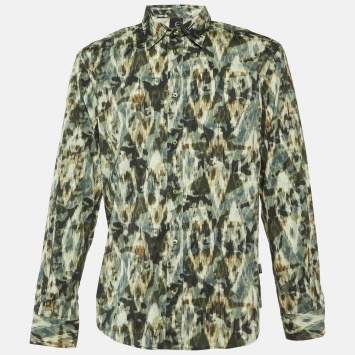 Pre Owned Just Cavalli Green Texture Print Cotton Button Front Shirt XL