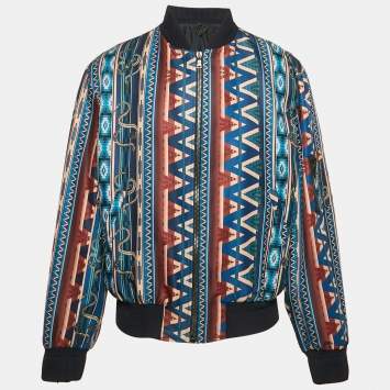 Pre Owned Roberto Cavalli Blue Printed Crepe Zip-Up Jacket XXXL
