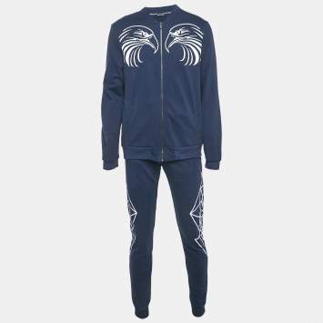Roberto Cavalli Navy Blue Printed Cotton Knit Zip Front Jacket & Joggers Set L