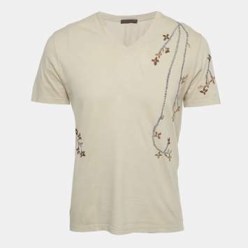 Pre Owned تي شيرت روبيرتو كافالي بيج مطرز بالأزهار جيرسي رقبة على شكل V مقاس صغير