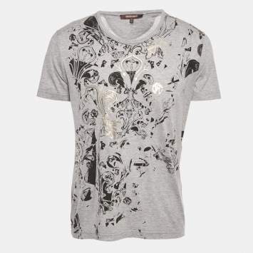 مملوكة مسبقًا تي شيرت روبرتو كافالي رمادي مطبوع جيرسي ميديوم