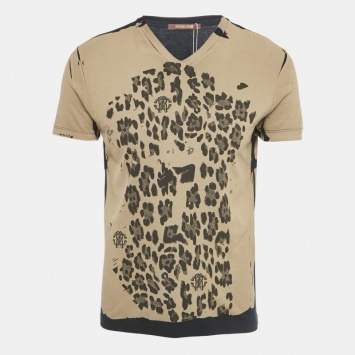 Pre Owned Roberto Cavalli Brown Printed Jersey V-Neck T-Shirt M
