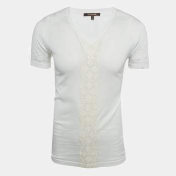 Pre Owned Roberto Cavalli White Embroidered Jersey V-Neck T-Shirt S