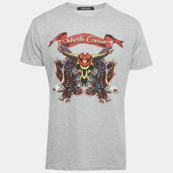 مملوكة مسبقًا تي شيرت روبرتو كافالي جيرسي مطبوع كريمي مقاس متوسط