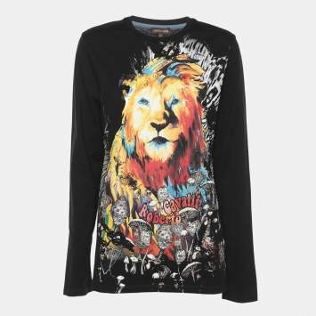 Pre Owned Roberto Cavalli Black Jersey Tiger Print Full Sleeve T-Shirt M