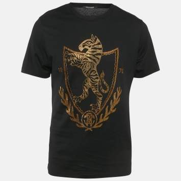 مملوكة مسبقًا Roberto Cavalli Black Crest Crystal Embellished Cotton Knit T-Shirt L