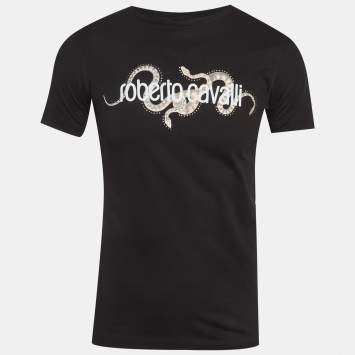 Pre Owned تي شيرت روبيرتو كافالي أسود بطبعة ثعبان شعار طاقية مقاس صغير