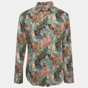 Pre Owned Roberto Cavalli Green Floral Print Cotton Long Sleeve Shirt XL 