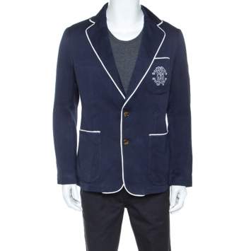 Pre Owned Roberto Cavalli Navy Blue Patterned Contrast Trim Blazer L