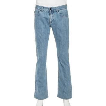 Pre Owned Roberto Cavalli Blue Denim Leather Pocket Patch Straight Fit Jeans M