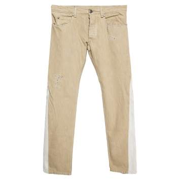 Pre Owned Roberto Cavalli Beige Distressed Denim Contrast Trim Detail Jeans L