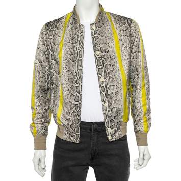 Pre Owned Roberto Cavalli Beige Snake Print Synthetic Rib Knit Trimmed Bomber Jacket S