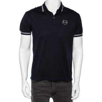 Pre Owned Roberto Cavalli Navy Blue Cotton Pique Logo Crest Embroidered Polo T-Shirt M