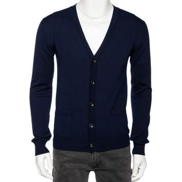 Pre Owned Roberto Cavalli Navy Blue Knit Pocketed Button Front Cardigan M