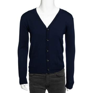 Pre Owned Roberto Cavalli Navy Blue Knit Pocketed Button Front Cardigan M