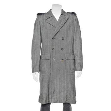 Pre Owned Roberto Cavalli Grey Wool Herringbone Double Breasted Coat XL