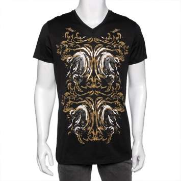 Pre Owned Roberto Cavalli Black Printed Cotton Short Sleeve Oversized T-Shirt M