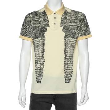 Pre Owned Roberto Cavalli Yellow Snakeskin Printed Cotton Pique Polo T-Shirt XL